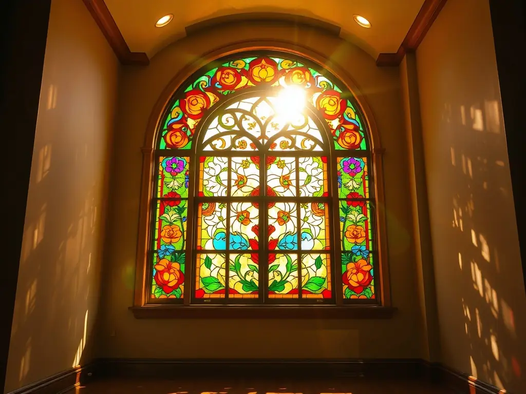 A vibrant stained glass exhibition showcasing a variety of styles and techniques, with visitors admiring the artwork. The exhibition is held in a spacious gallery with natural light enhancing the colors of the glass.