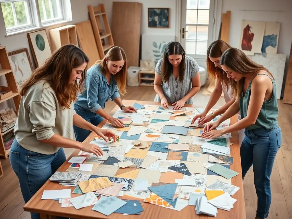 A group of participants in a stained glass restoration workshop, carefully piecing together a damaged panel under the guidance of an experienced instructor. The setting is a well-lit studio filled with tools and materials.