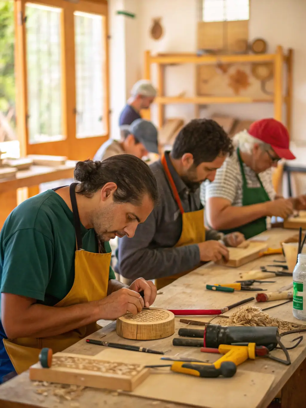 A photograph capturing participants in a stained glass workshop, intently focused on their projects, with tools and colorful glass pieces scattered around.