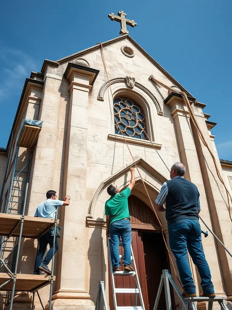 A group photo of volunteers and community members participating in a stained glass restoration project at a local historical site.