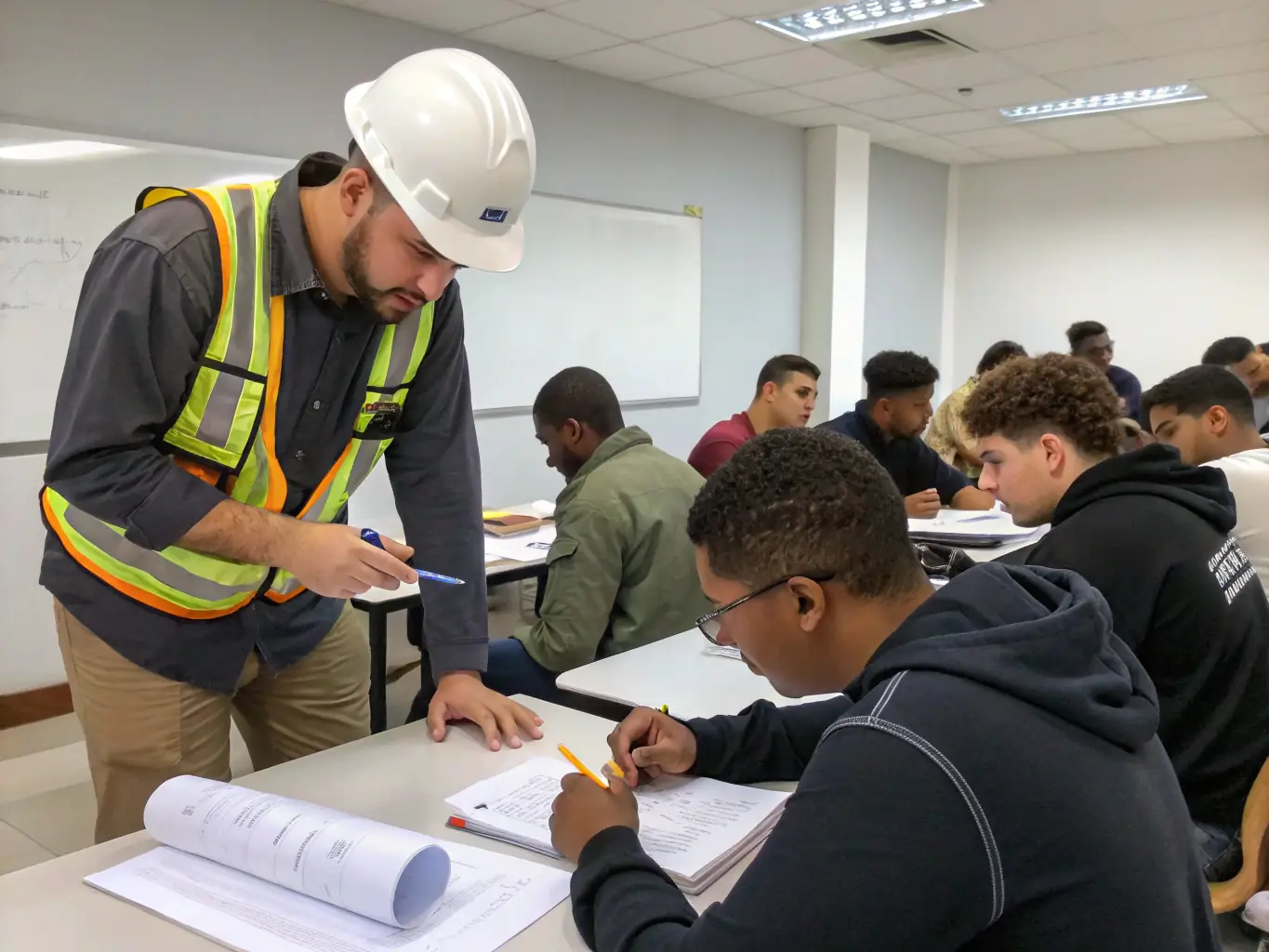 A classroom setting where an instructor is demonstrating stained glass techniques to a group of students. The students are attentively watching and taking notes, eager to learn the craft.