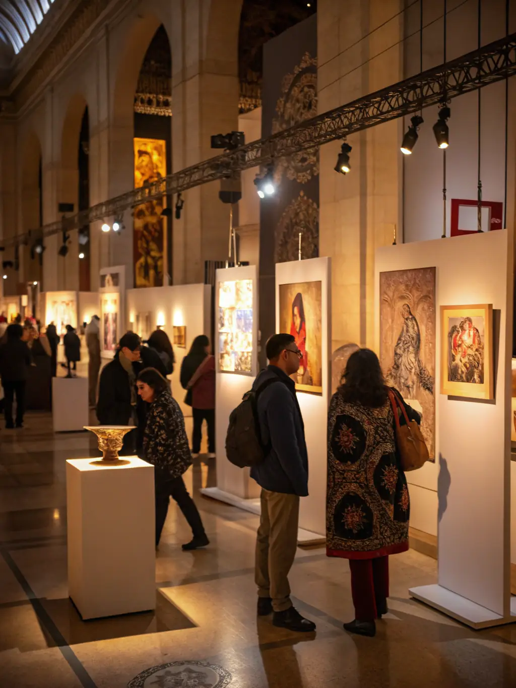 A wide shot of a stained glass exhibition, showcasing various intricate designs and attracting a diverse audience.